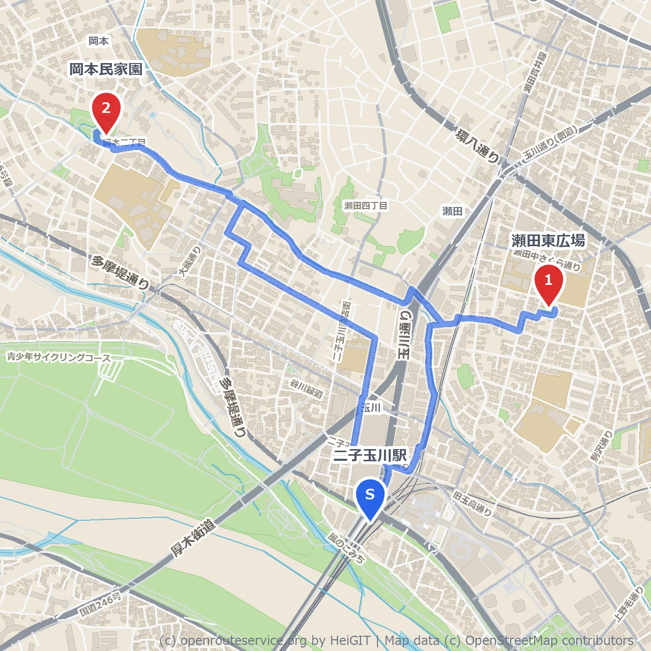 二子玉川から瀬田の田園風景と民家園散策 のコースマップ