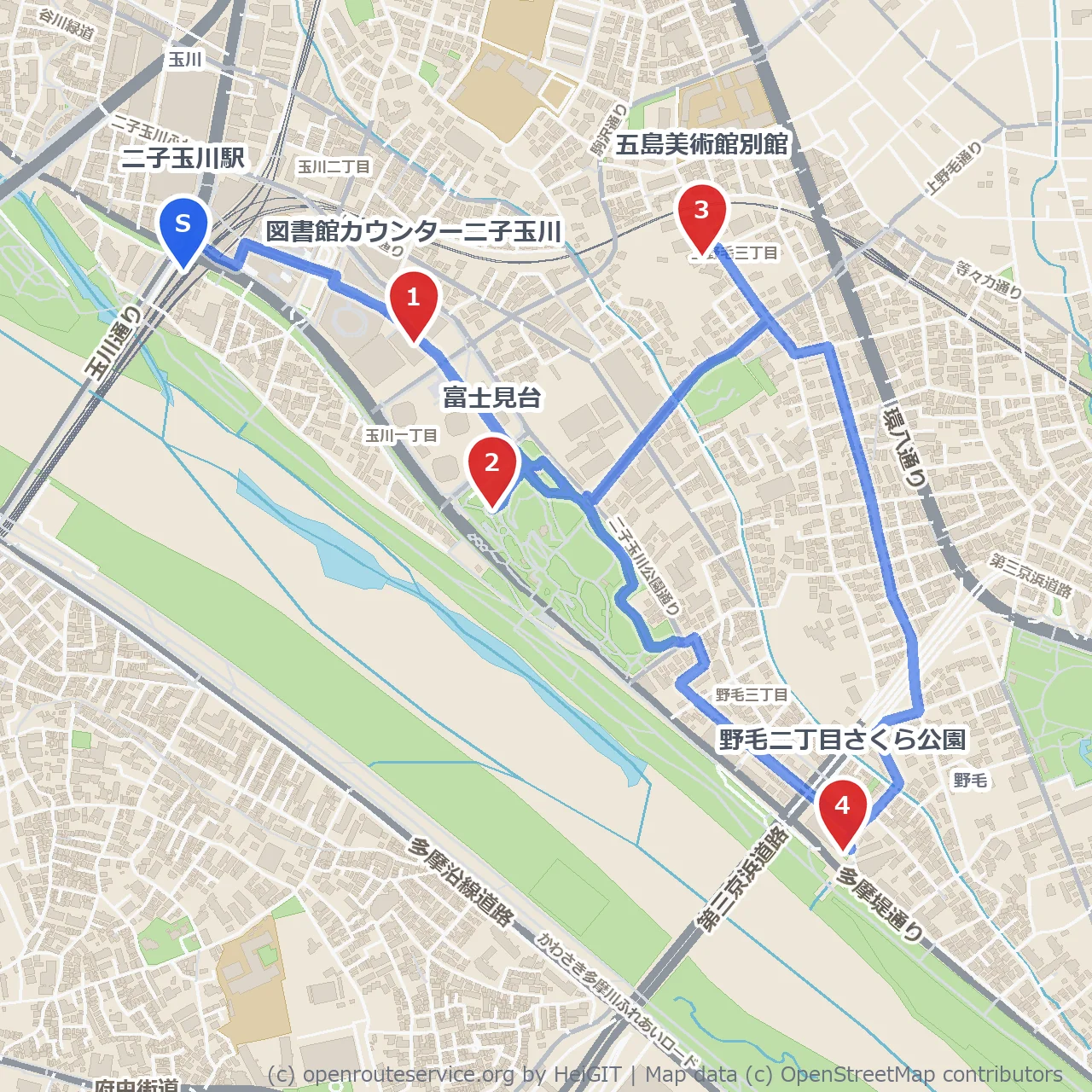 二子玉川から桜公園へ紡ぐ静かな街歩き のコースマップ