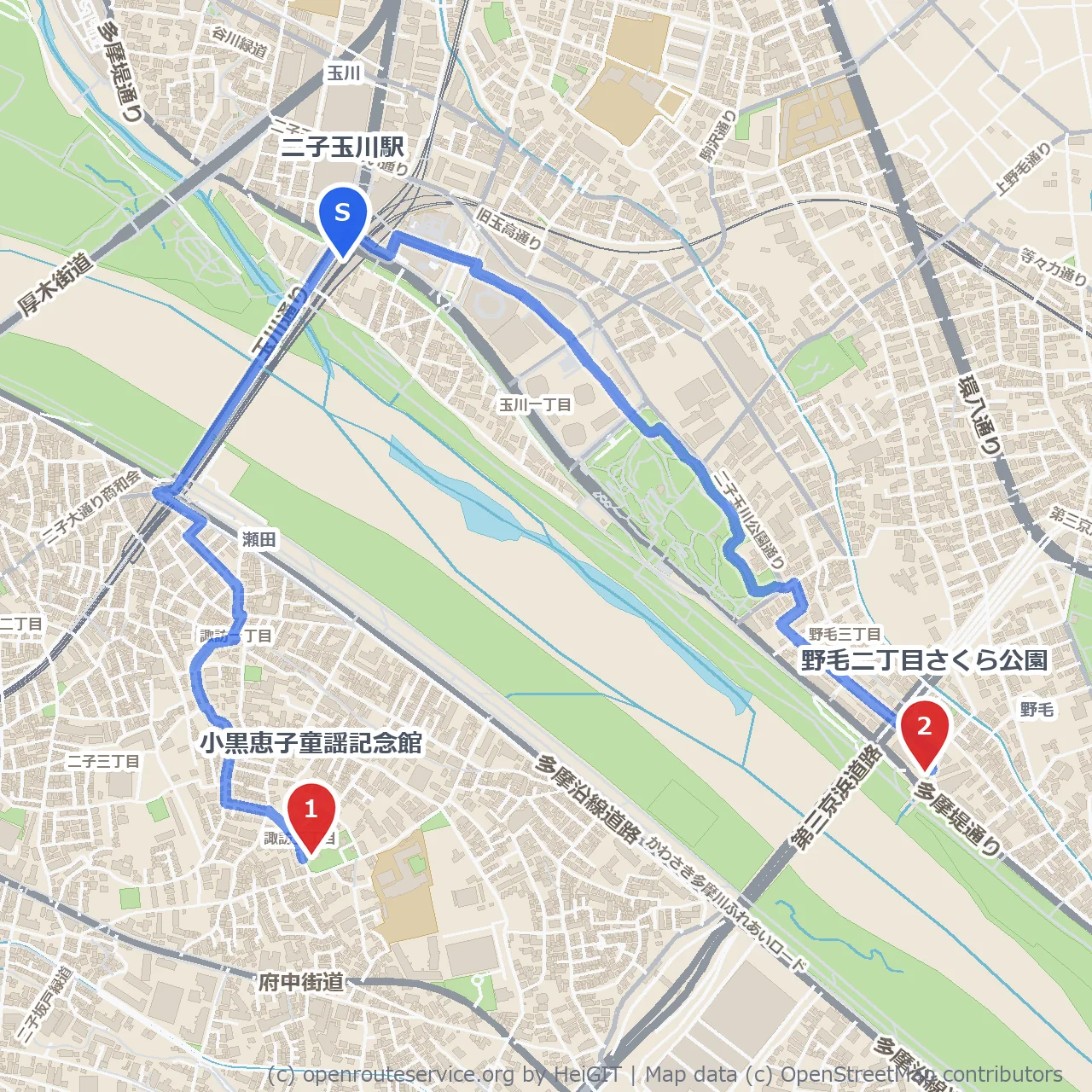 童謡の香り漂う二子玉川の静かな散歩道 のコースマップ