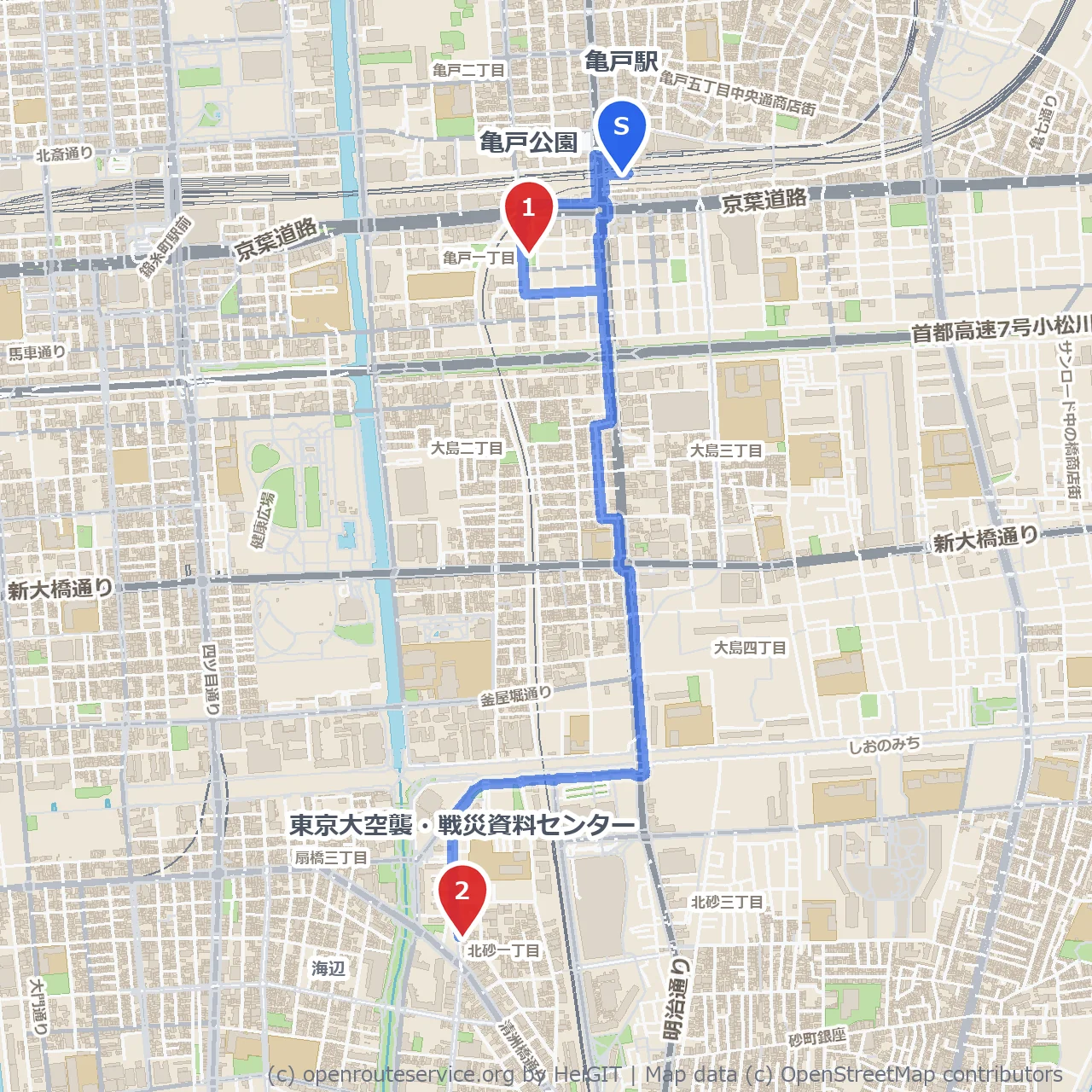 亀戸の緑と戦争の記憶をたどる散策路 のコースマップ