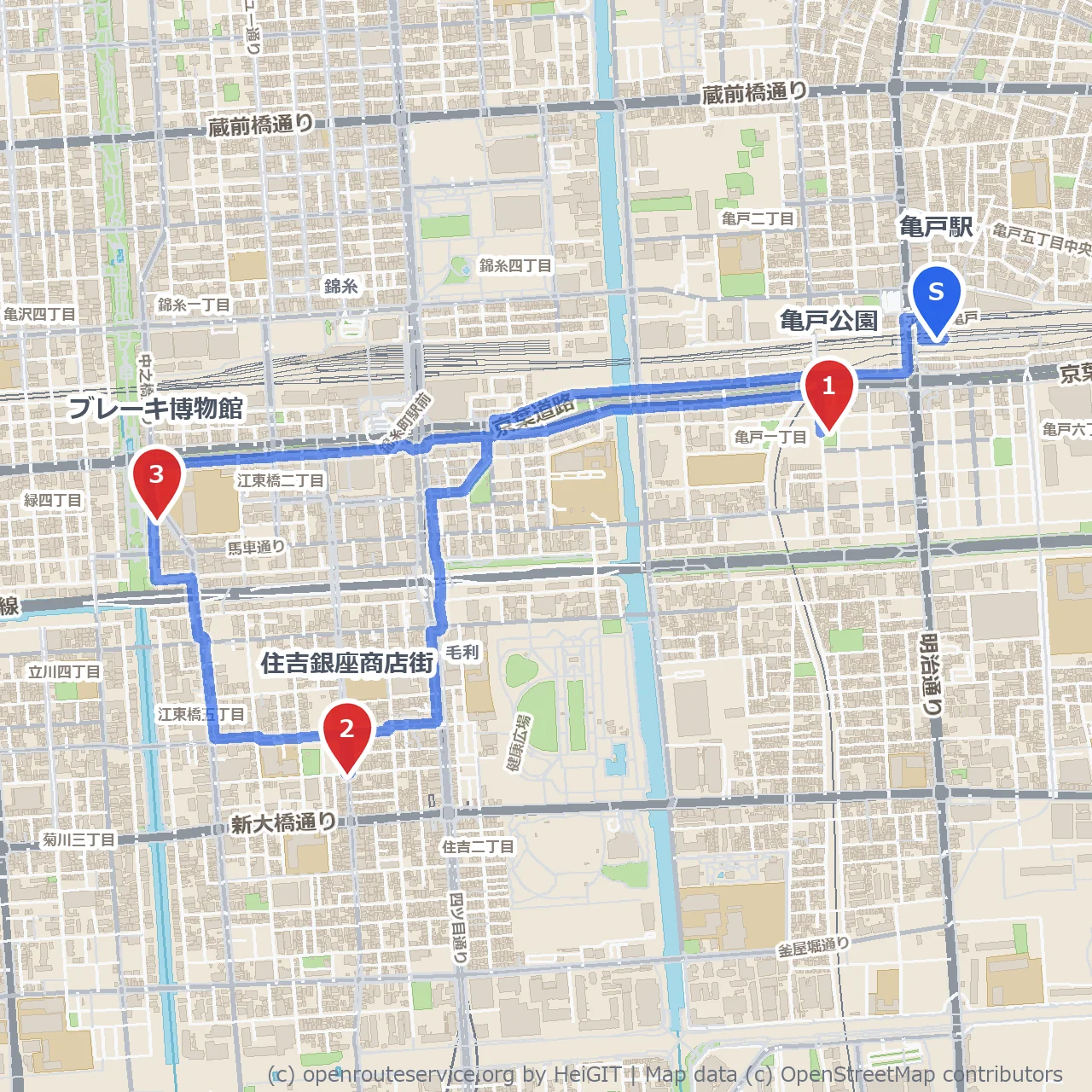 亀戸の緑と歴史、昭和の商店街をめぐる散歩道 のコースマップ