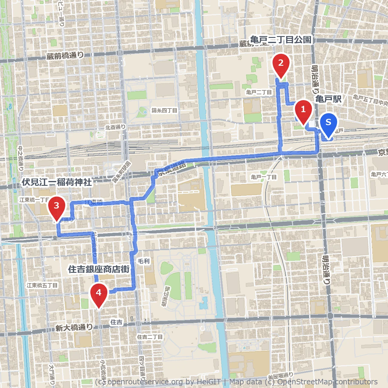 亀戸の下町風情をめぐる静かな散歩路 のコースマップ