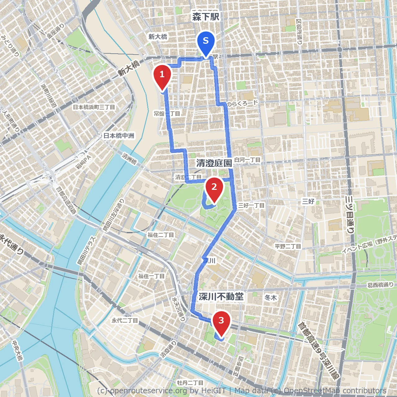 江東の歴史と自然を巡る森下からの散策路 のコースマップ