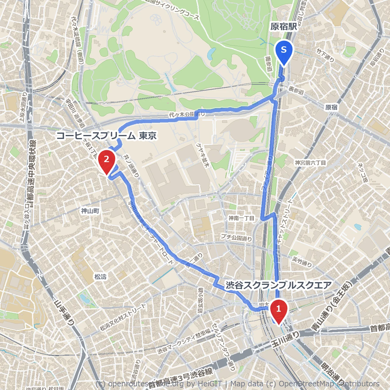 原宿から渋谷の新名所とカフェ散歩 のコースマップ