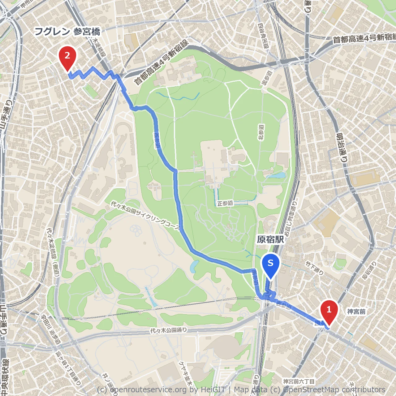 原宿から参宮橋へ、個性派カフェ巡りと街歩きの散策路 のコースマップ