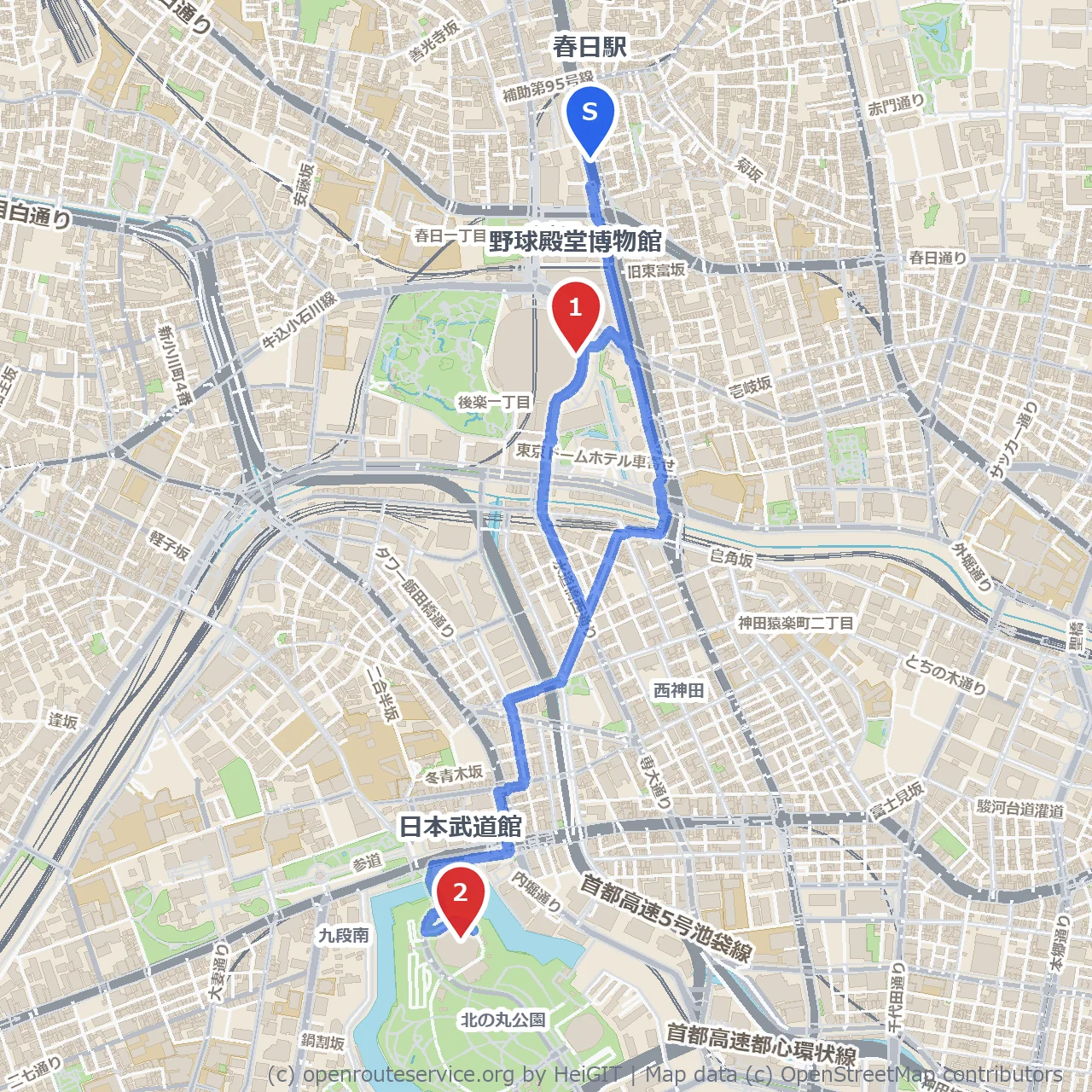 春日駅から歩く野球と武道の歴史散策路 のコースマップ
