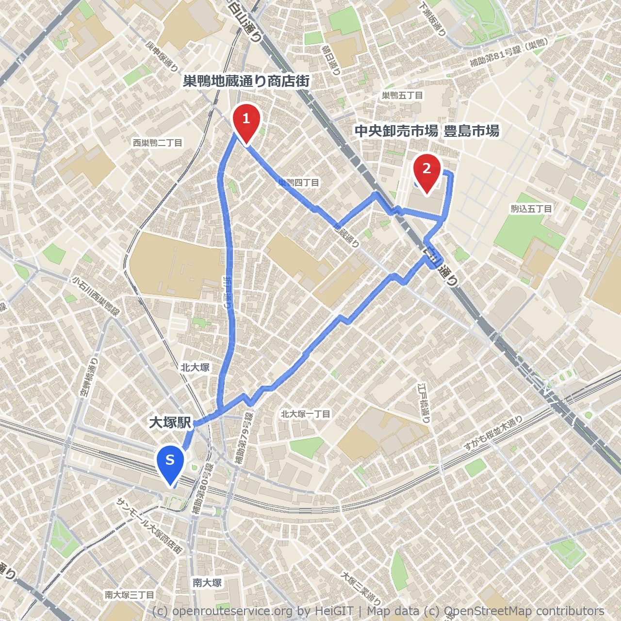 大塚から巣鴨へ商店街と市場を楽しむ散策路 のコースマップ