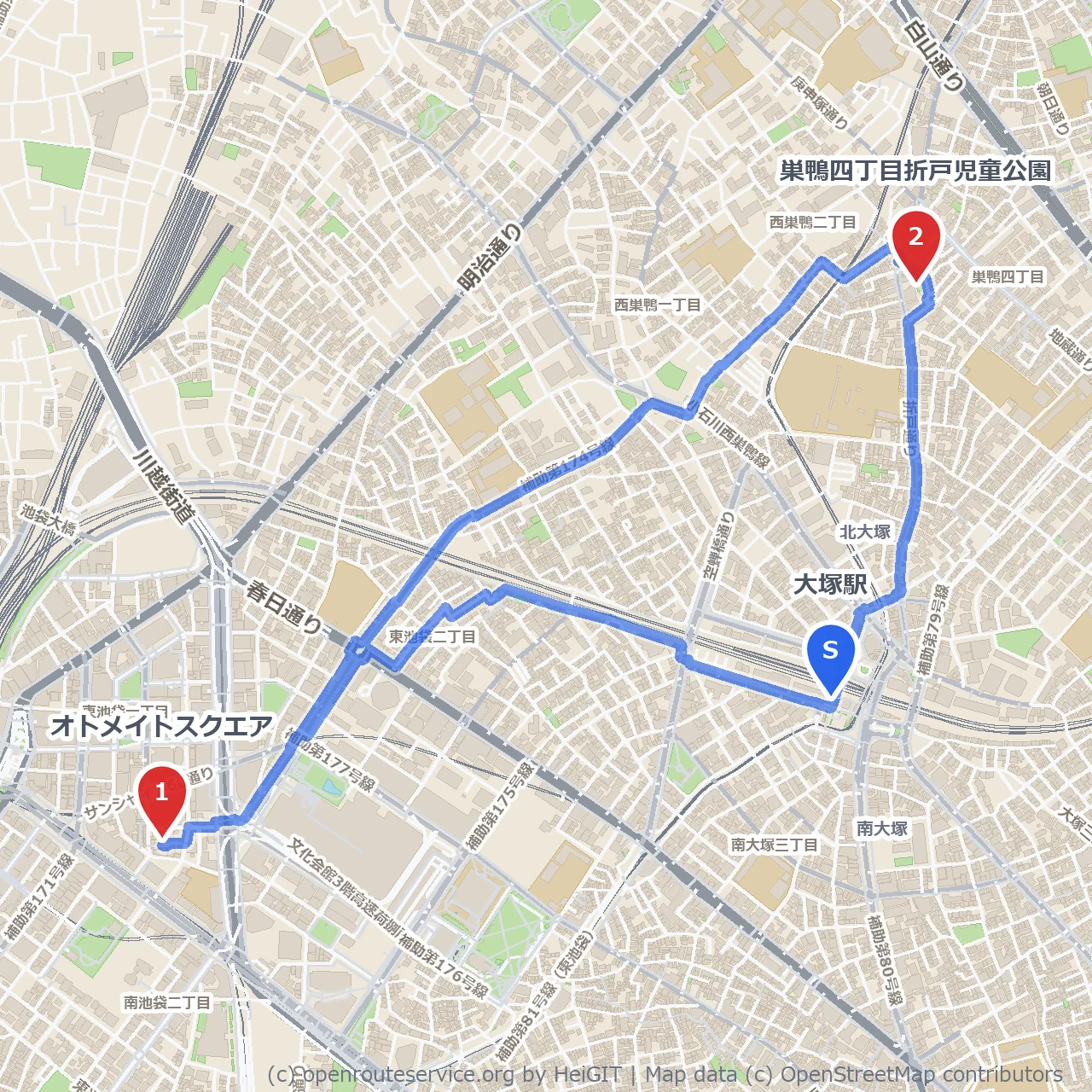 大塚駅から緑の公園へ歩く静かな街角散歩 のコースマップ