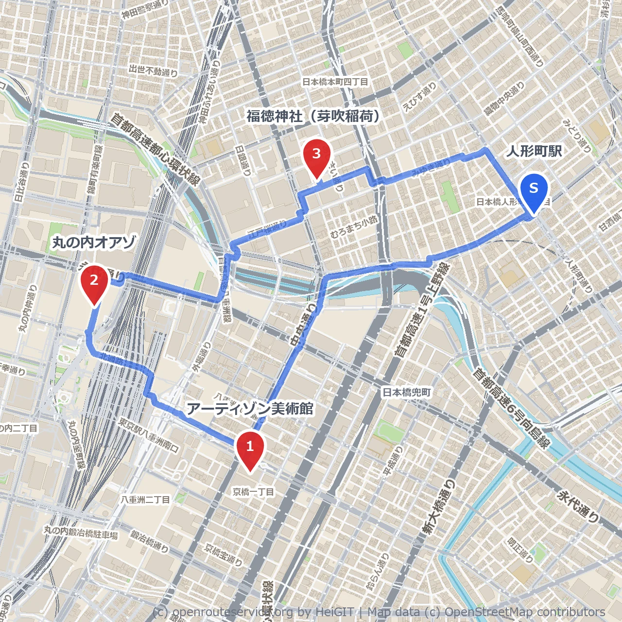 人形町から丸の内へ、文化と歴史を感じる散策路 のコースマップ