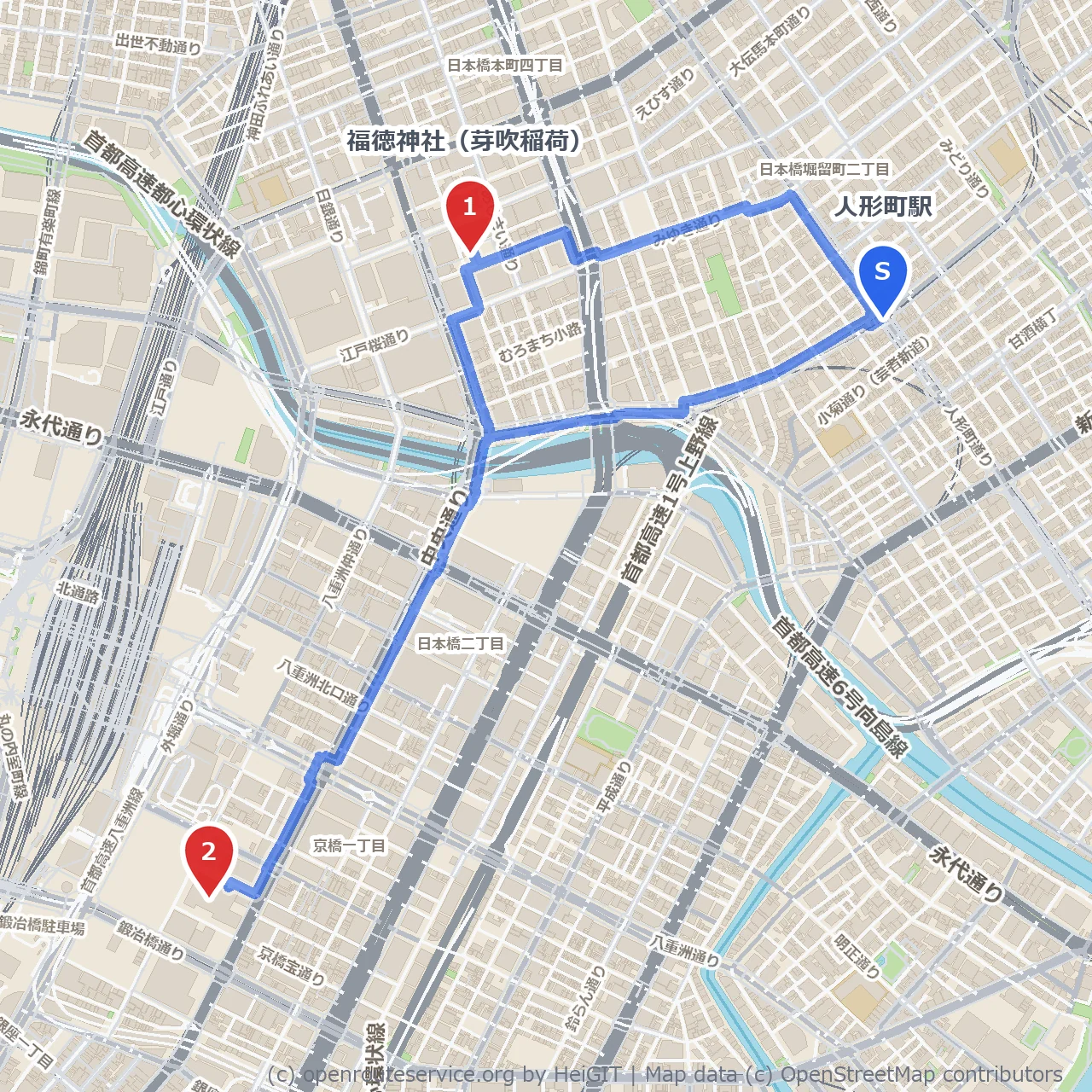 人形町の歴史と現代を感じる散策路 のコースマップ