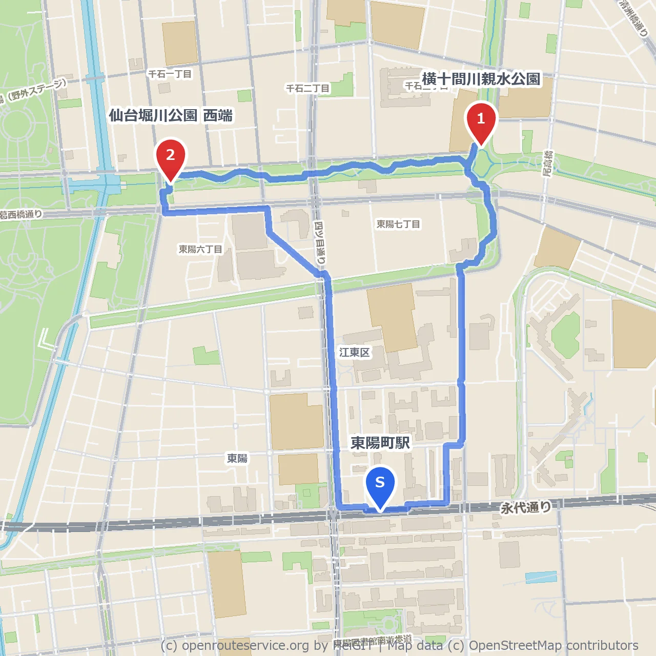 東陽町近くの親水公園を散歩 のコースマップ