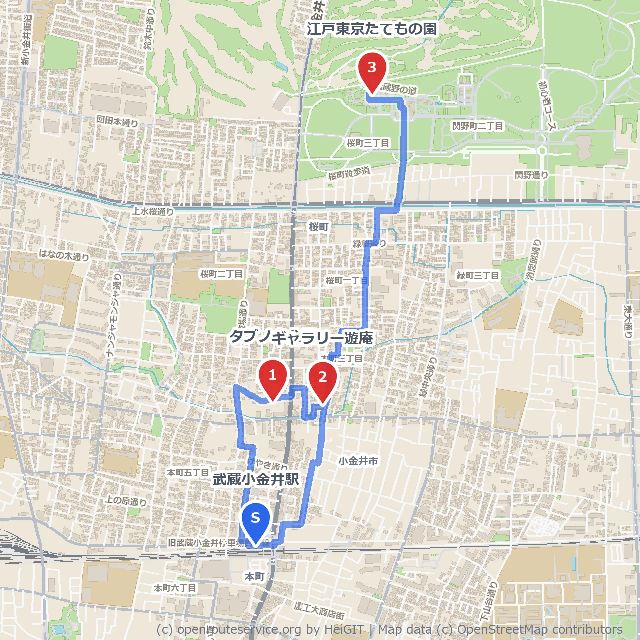 武蔵小金井から歴史とアート巡る気軽な散歩道 のコースマップ