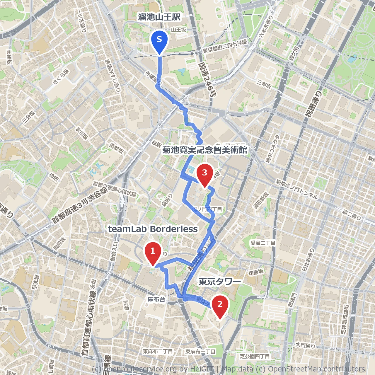 溜池山王発：未来芸術と東京タワー散策コース のコースマップ