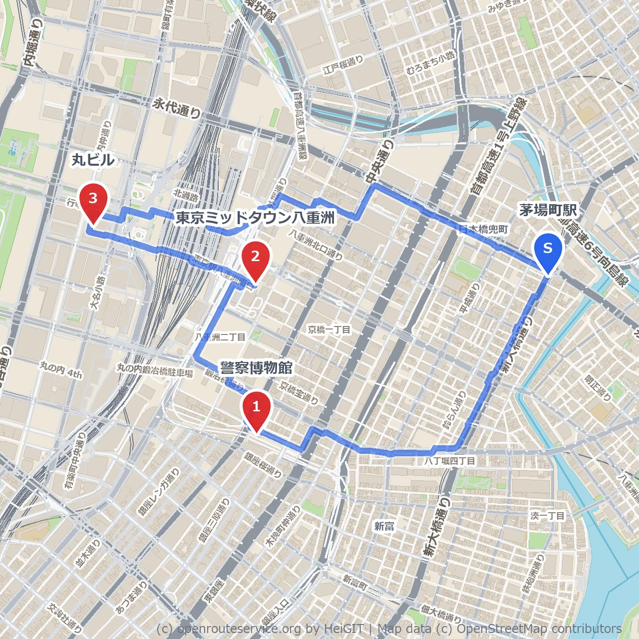 歴史と現代が交差する茅場町から丸の内散策 のコースマップ