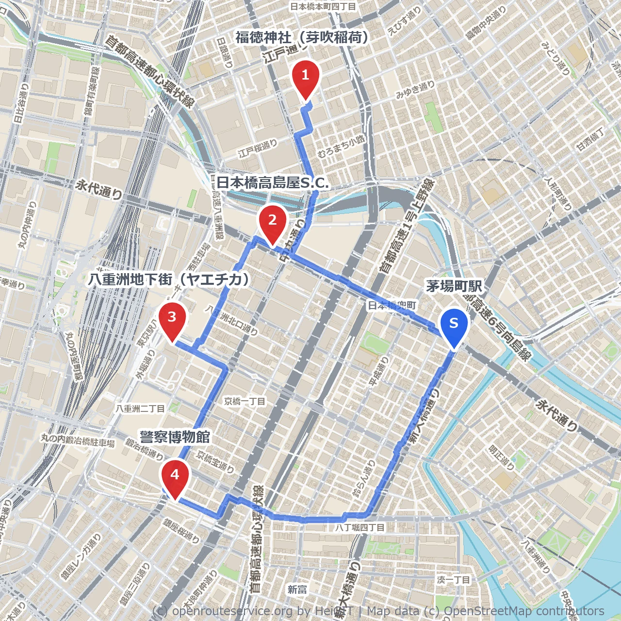 江戸の息吹を感じる茅場町から八重洲散歩 のコースマップ