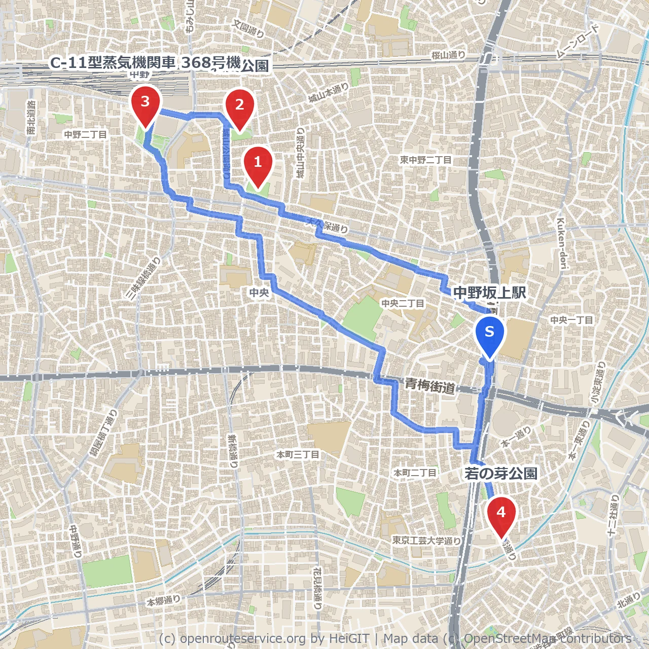 歴史と緑を感じる中野坂上の静かな散歩路 のコースマップ