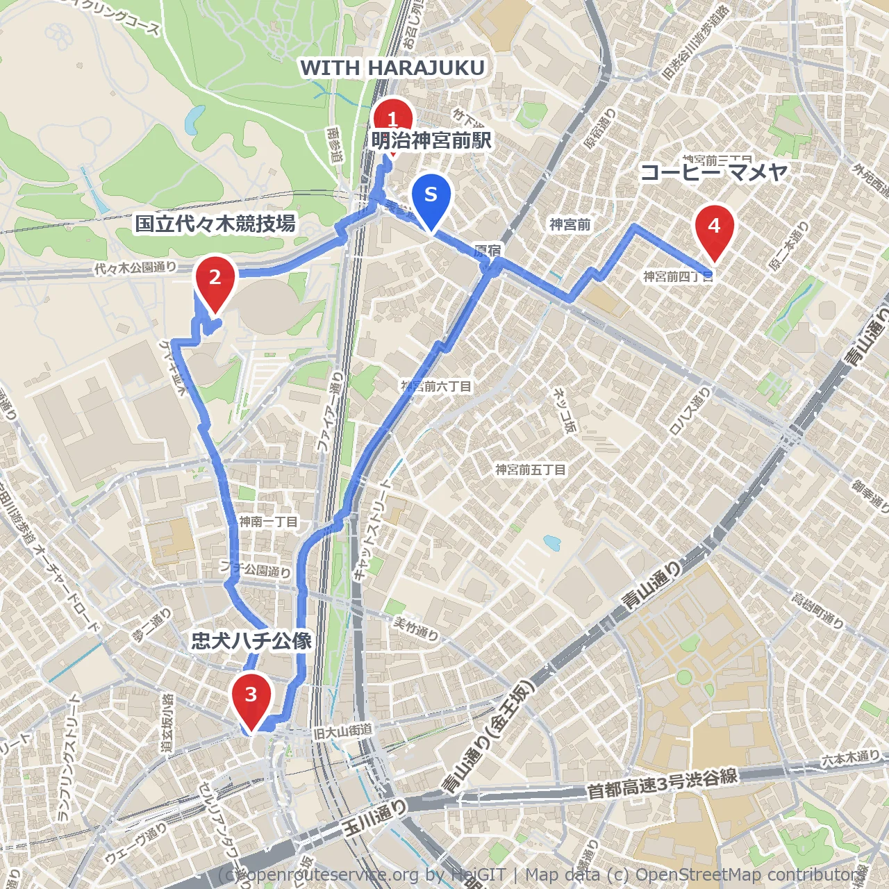 原宿から代々木公園へ、犬とコーヒーを楽しむ散策路 のコースマップ
