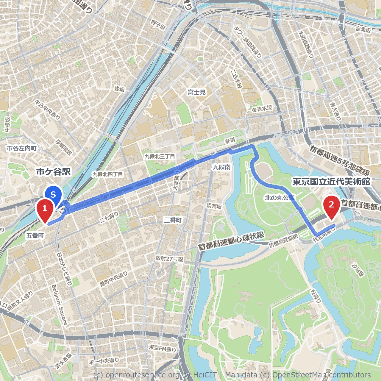 外濠公園から東京国立近代美術館への静かな芸術散歩 のコースマップ