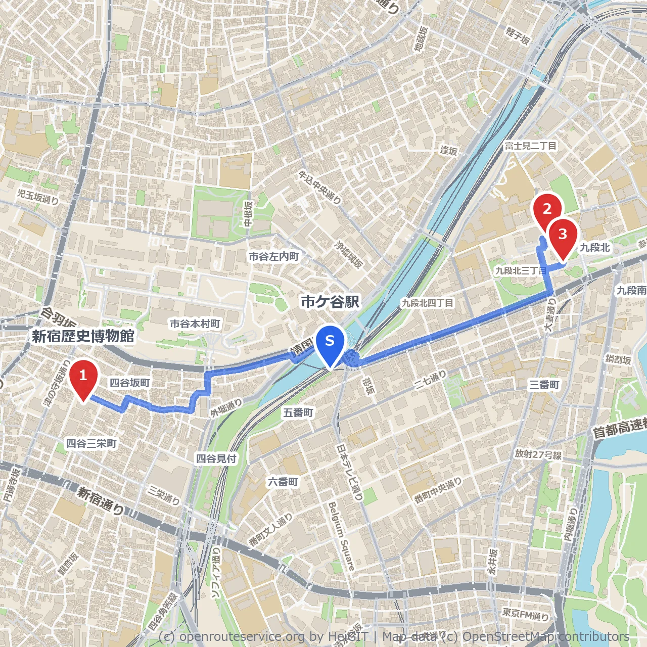 新宿歴史博物館と靖国神社をめぐる市ケ谷駅近くの歴史散歩 のコースマップ