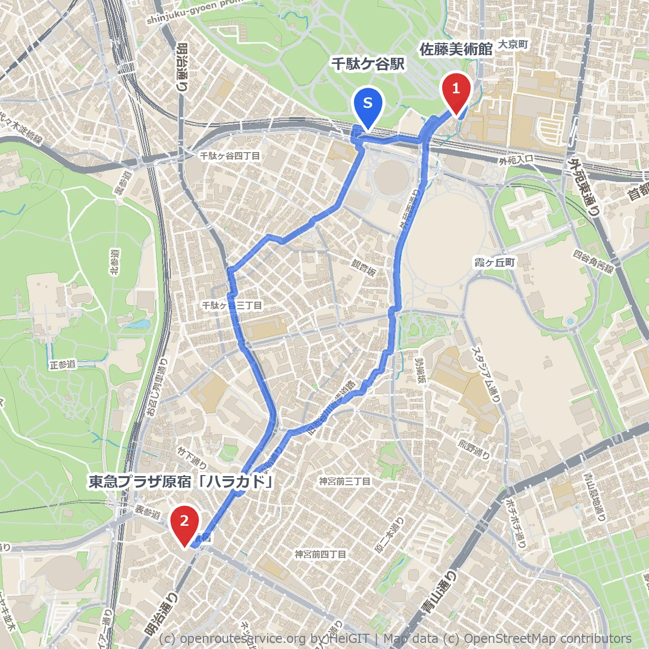千駄ケ谷駅から佐藤美術館と原宿の新スポット散策 のコースマップ