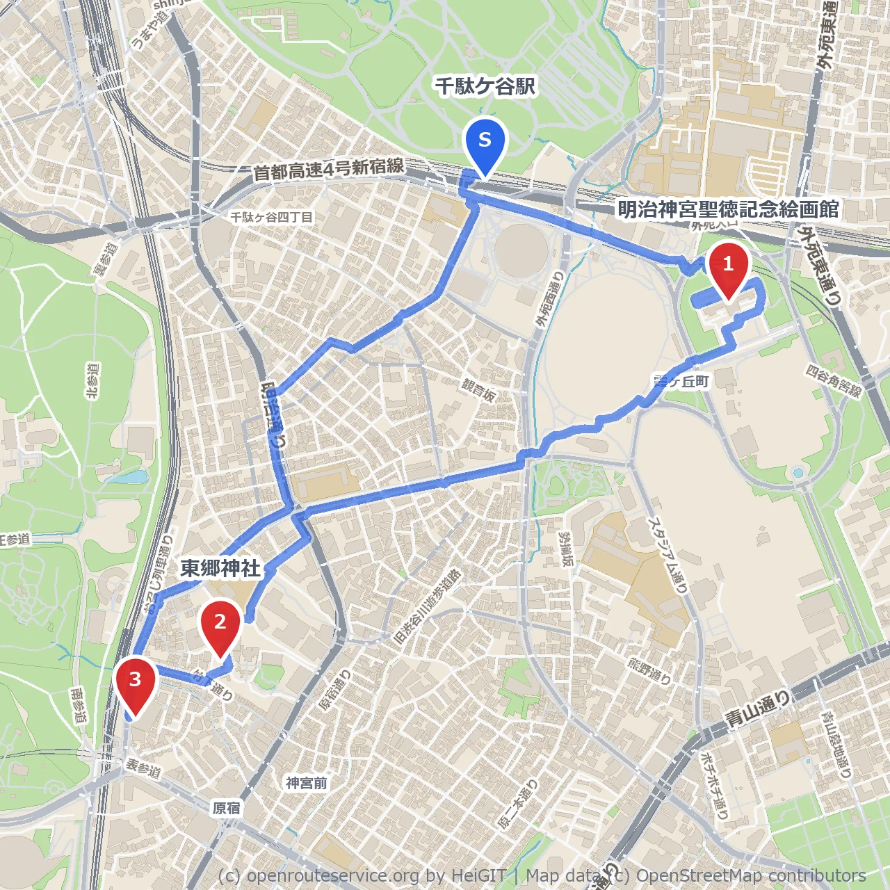 千駄ケ谷駅周辺 明治神宮と東郷神社を感じる街歩き のコースマップ