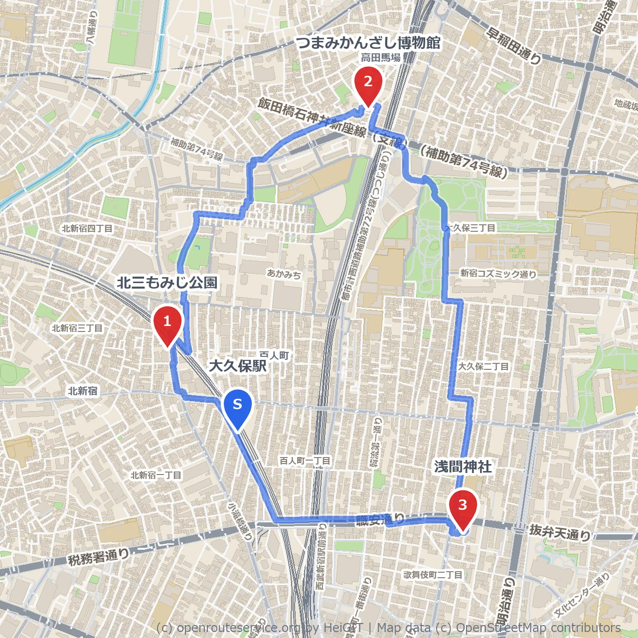 北三もみじ公園とつまみかんざし博物館をめぐる歴史散策 のコースマップ