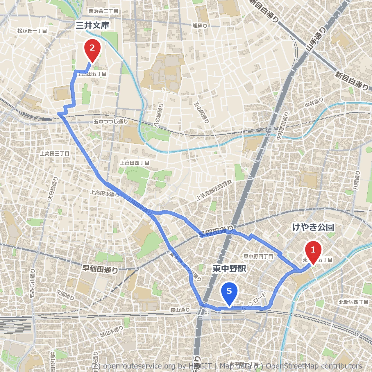 けやき公園と三井文庫を巡る東中野の自然散策 のコースマップ