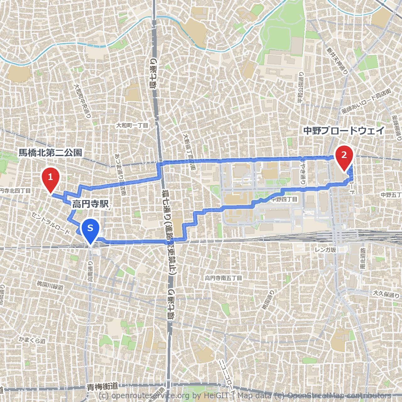 馬橋北公園から中野ブロードウェイの街歩き のコースマップ