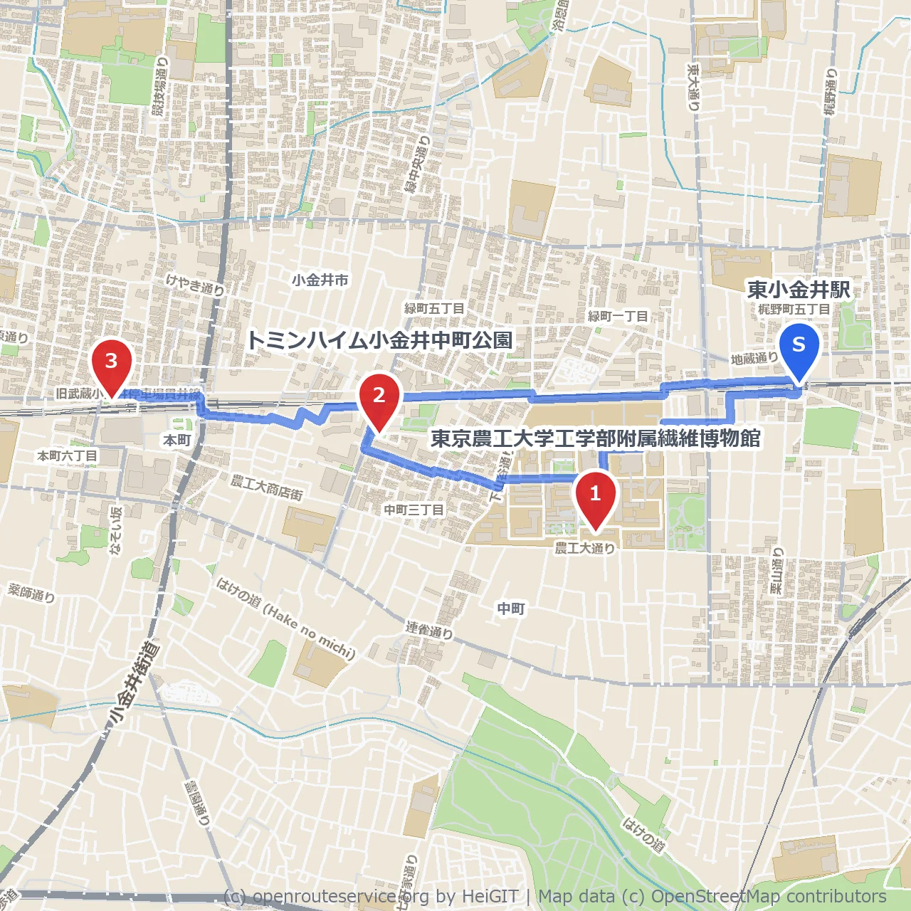 繊維博物館と小金井中町公園で味わう静かな散歩道 のコースマップ