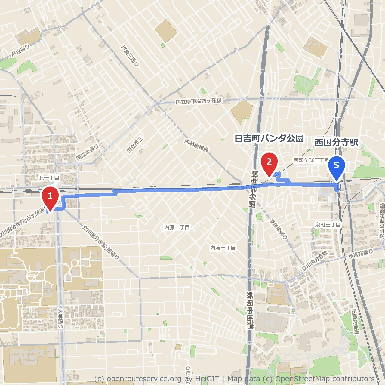 西国分寺駅近く たましん歴史・美術館から日吉町パンダ公園散策 のコースマップ