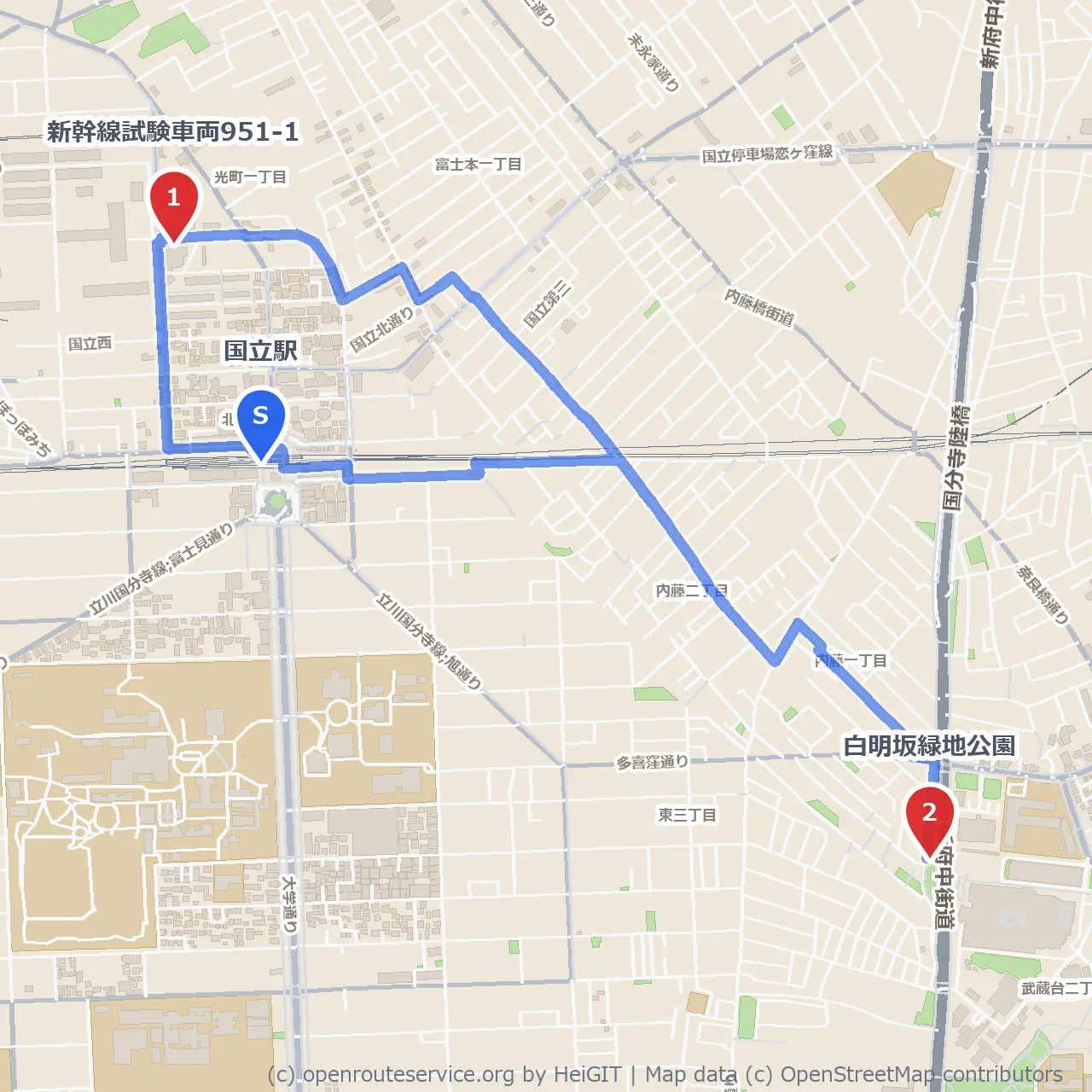 国立駅近く 新幹線試験車両から白明坂緑地公園へ歩く散策路 のコースマップ