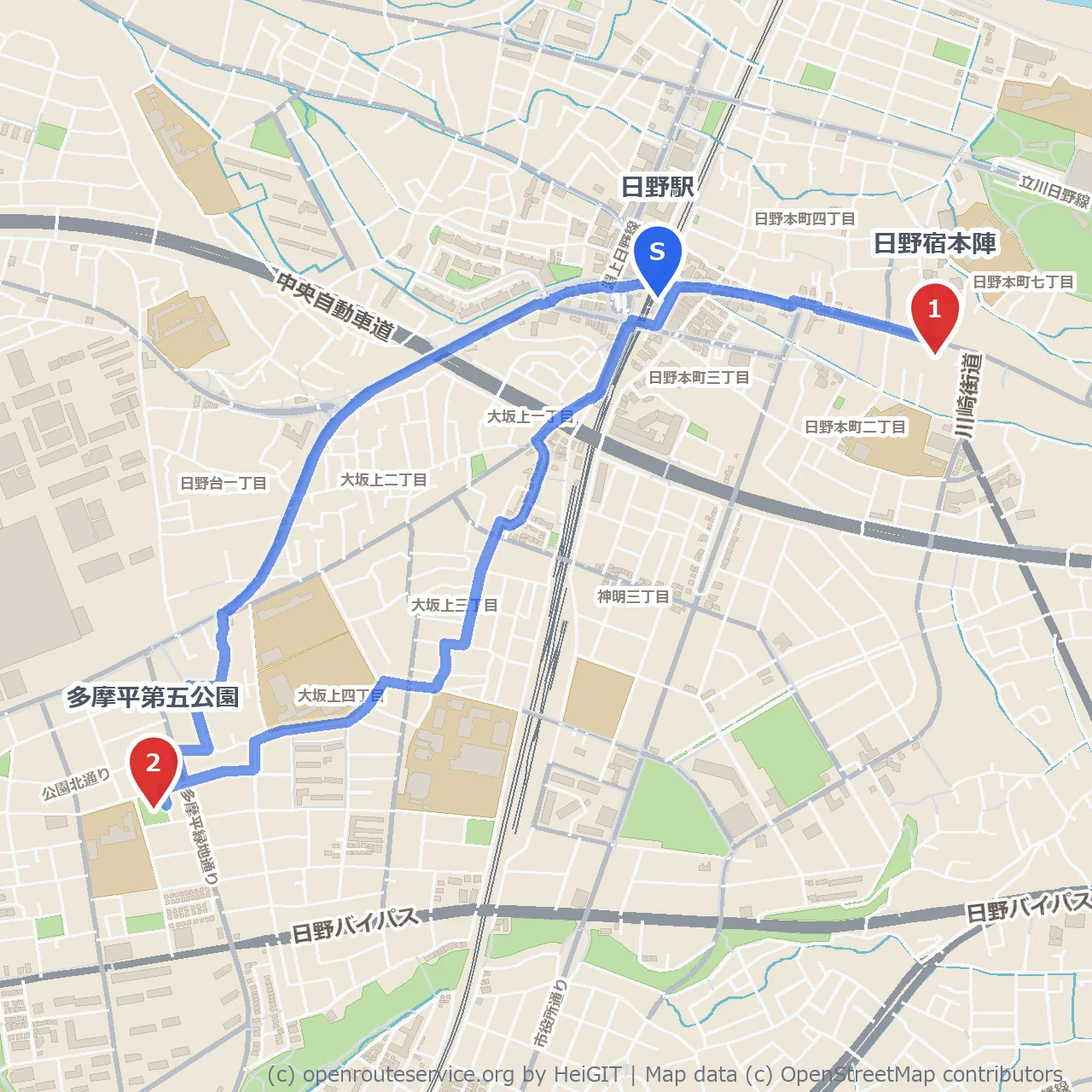 日野宿本陣と多摩平第五公園を巡る散策路 のコースマップ