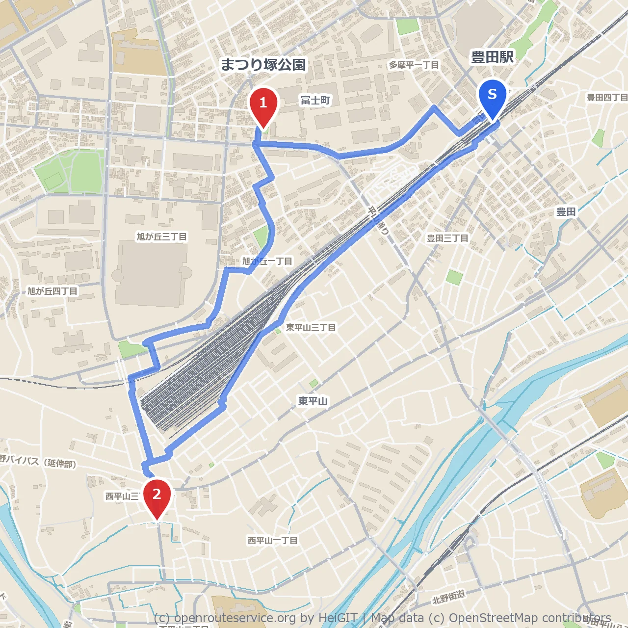 豊田駅近く まつり塚公園とさいかち堰の自然散歩 のコースマップ