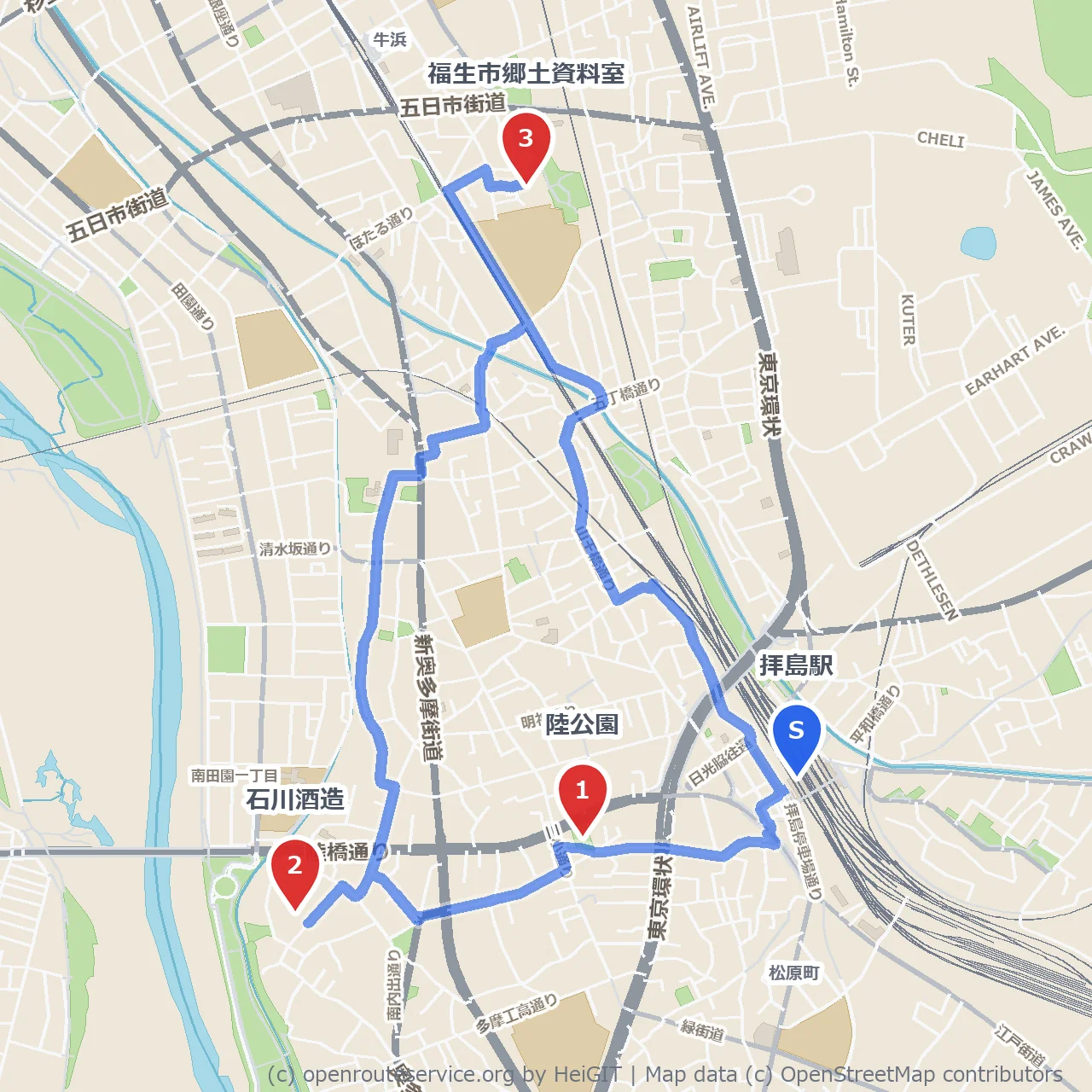 陸公園から巡る石川酒造と郷土資料室散策 のコースマップ