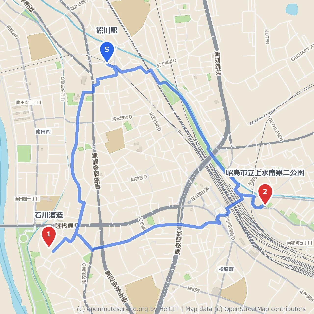 石川酒造から上水南第二公園へゆったり散策 のコースマップ
