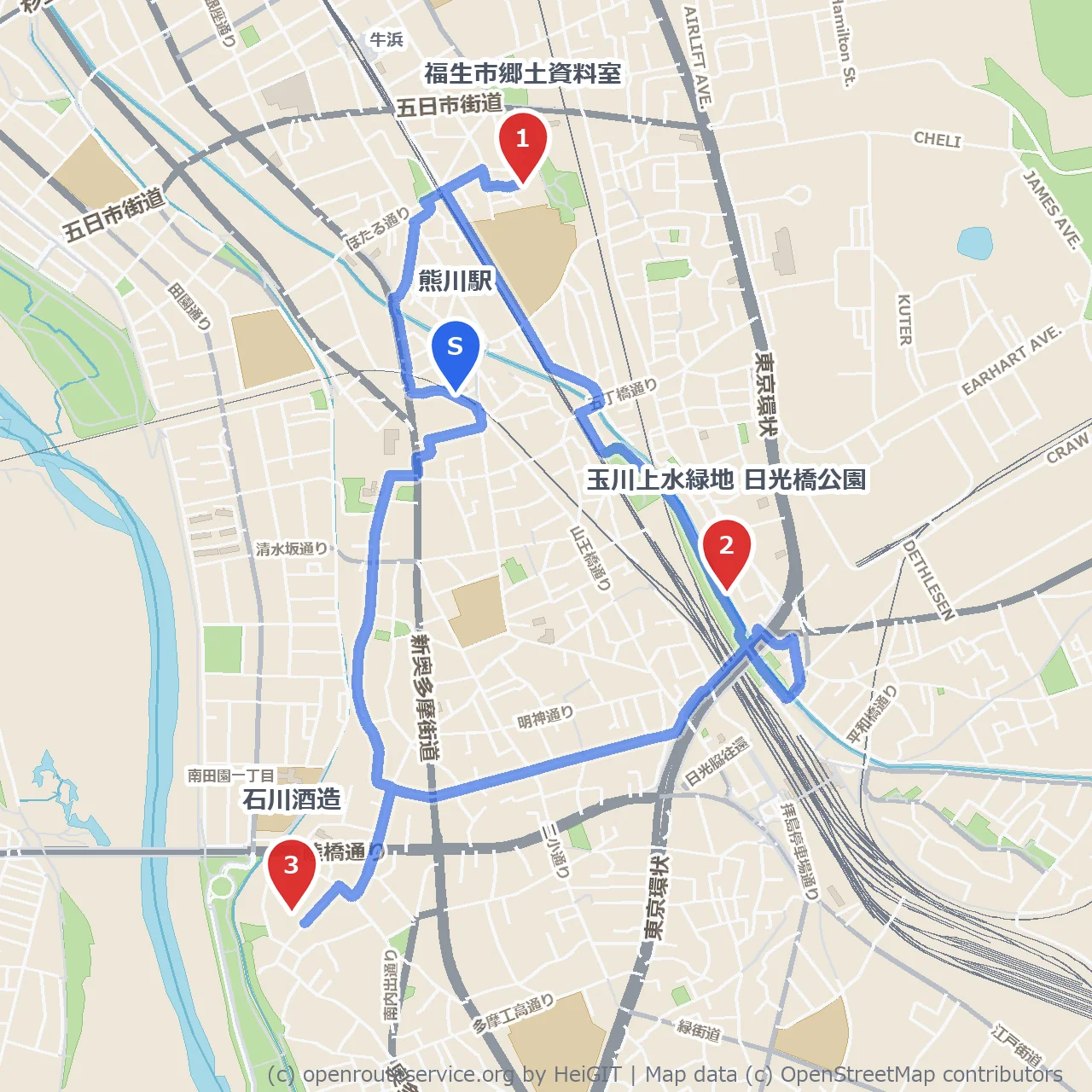 福生郷土資料室と日光橋公園巡りの熊川散歩道 のコースマップ