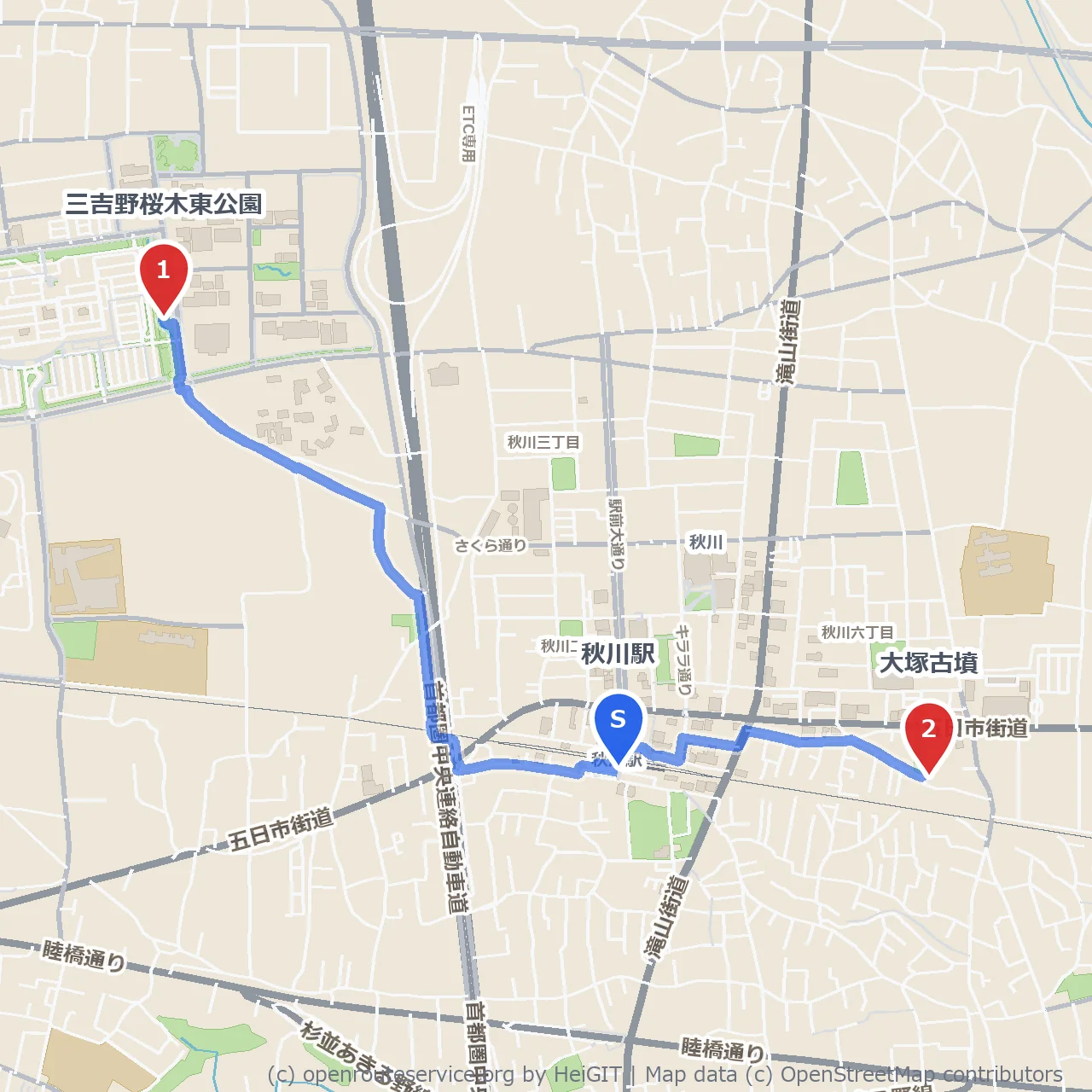 秋川駅発 三吉野桜木東公園と大塚古墳周回コース のコースマップ
