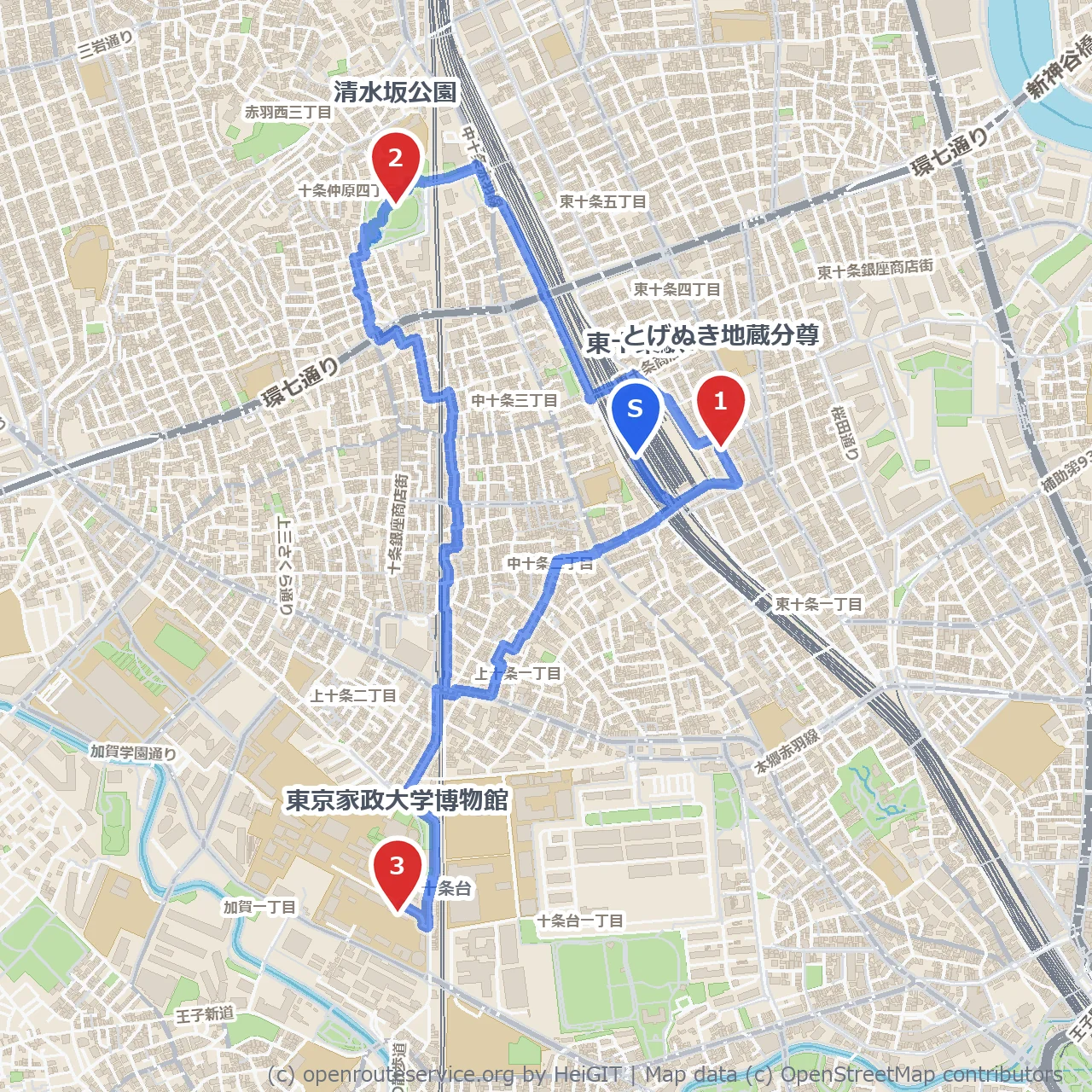 とげぬき地蔵分尊と清水坂公園巡り東京家政大学博物館 のコースマップ