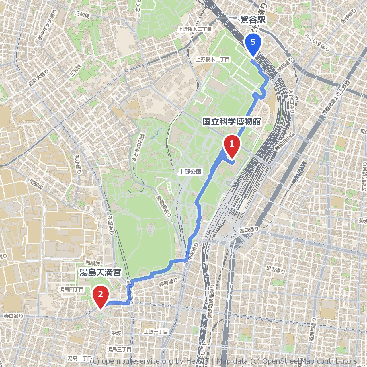 鶯谷駅から国立科学博物館と湯島天満宮の知的散策 のコースマップ