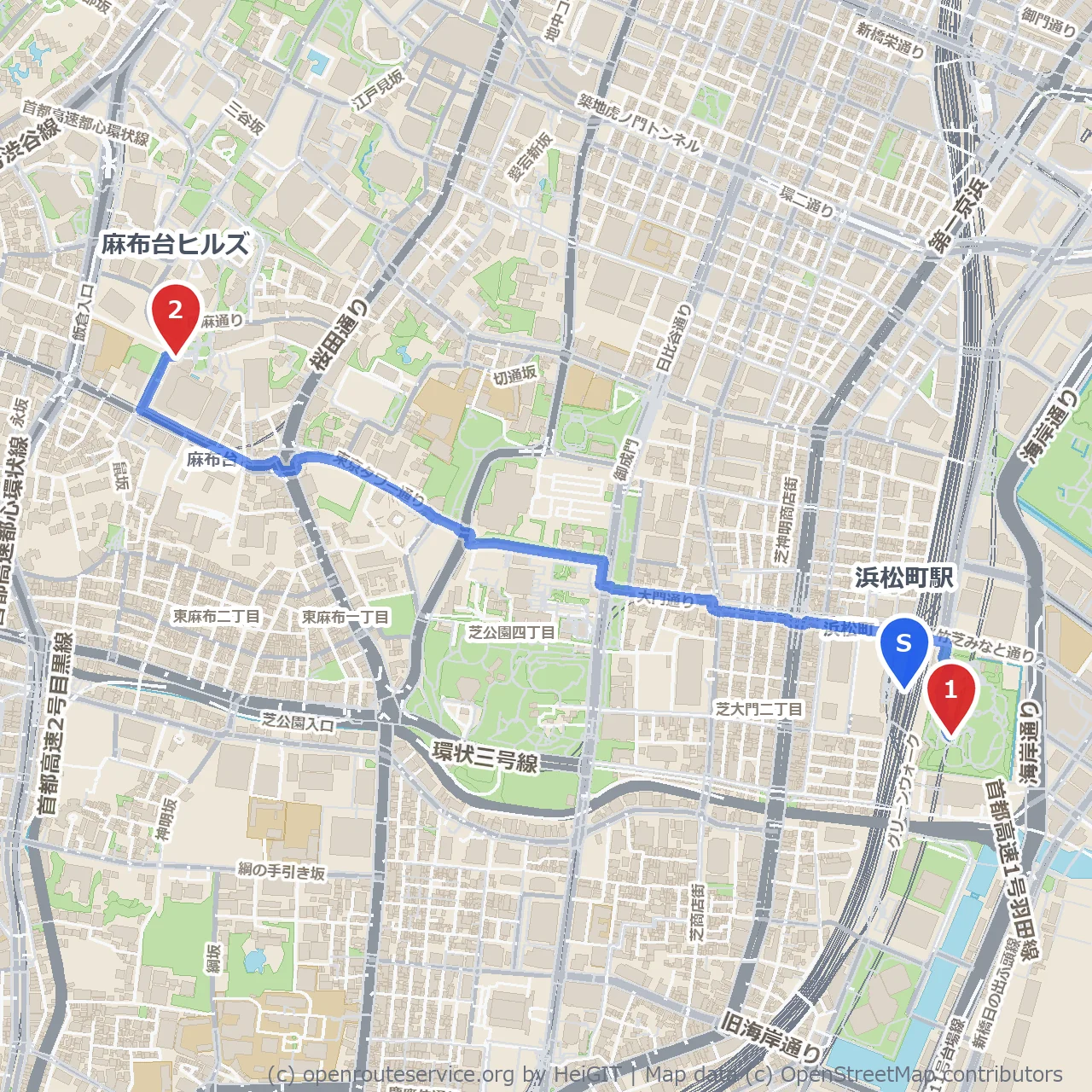 大山の眺望から麻布台ヒルズまでの散策路 のコースマップ
