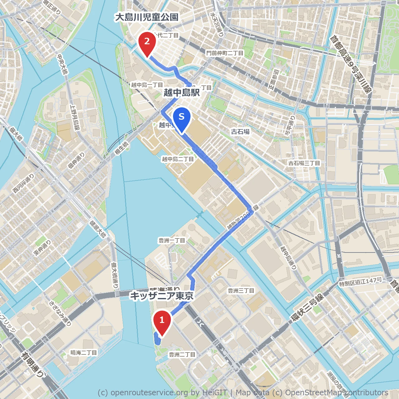 キッザニア東京から大島川公園の親子散歩道 のコースマップ