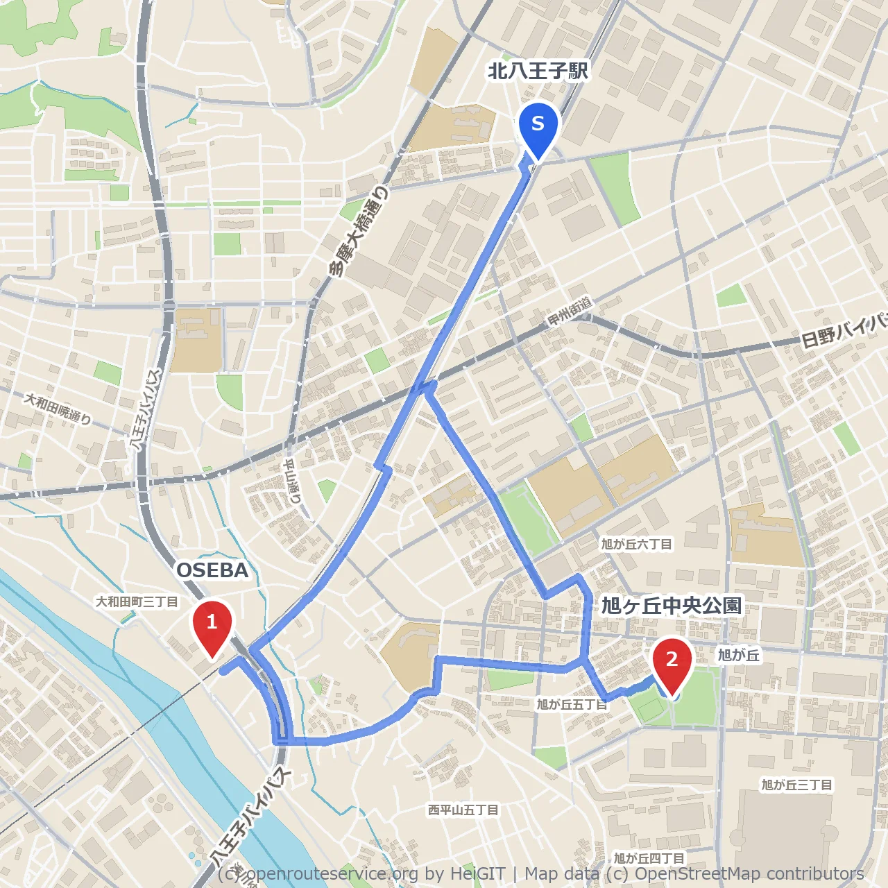 OSEBAから旭ヶ丘中央公園へ続く自然散策路 のコースマップ