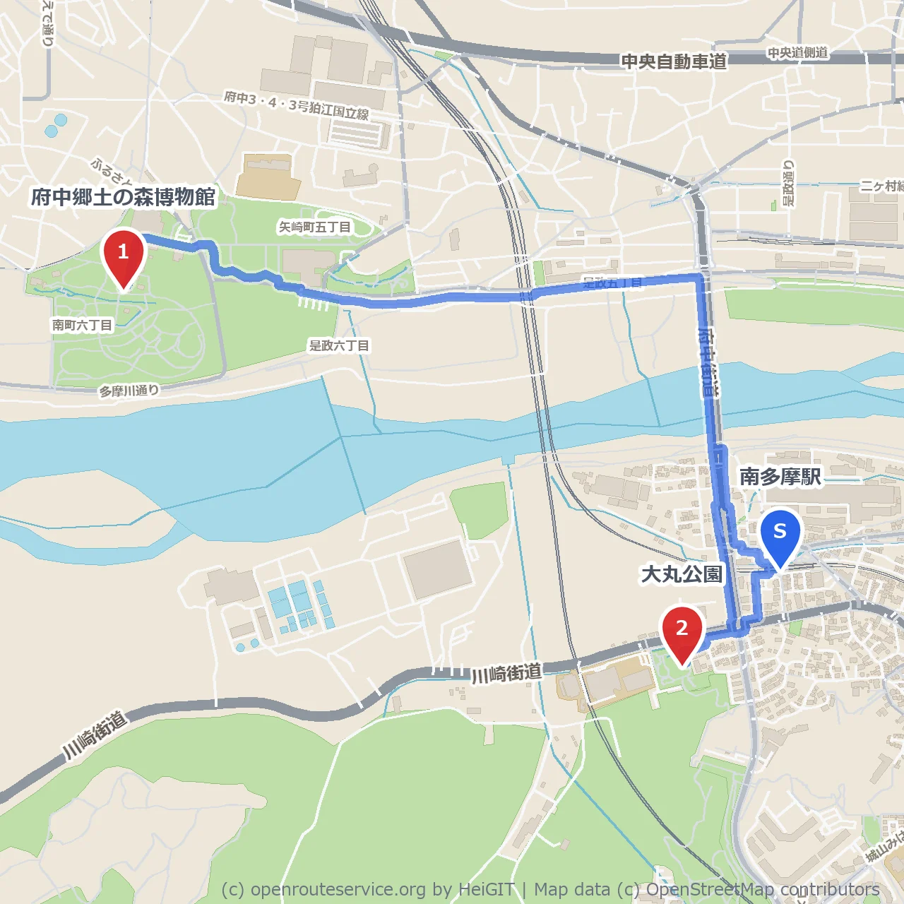 府中郷土の森博物館と大丸公園の自然散策 のコースマップ