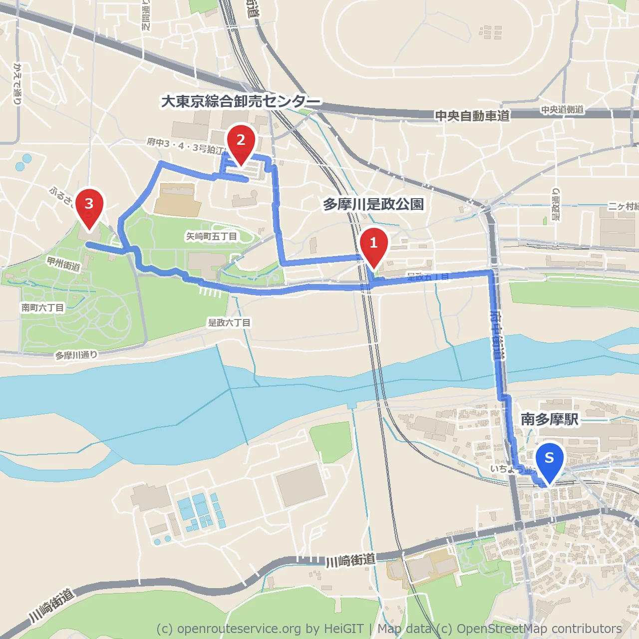 多摩川是政公園から市場経由で郷土の森博物館へ のコースマップ