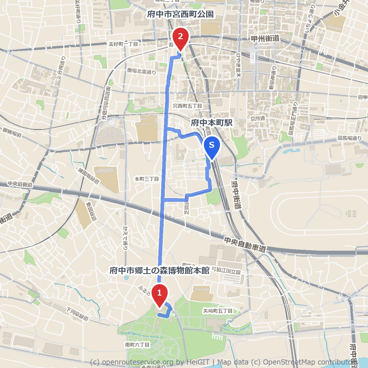 府中郷土の森から宮西町公園を歩く散策路 のコースマップ