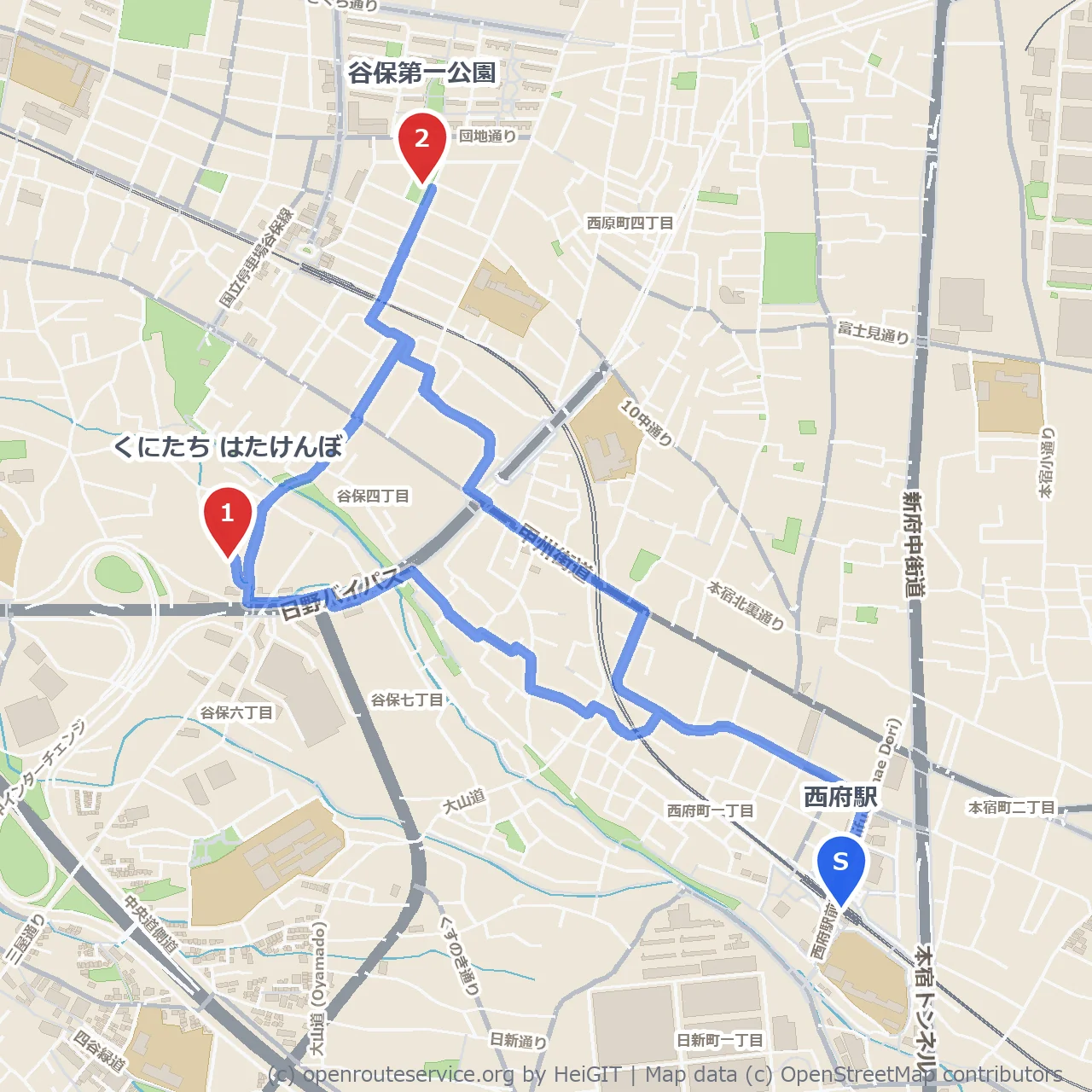 くにたち畑と谷保第一公園ののどかな散歩道 のコースマップ