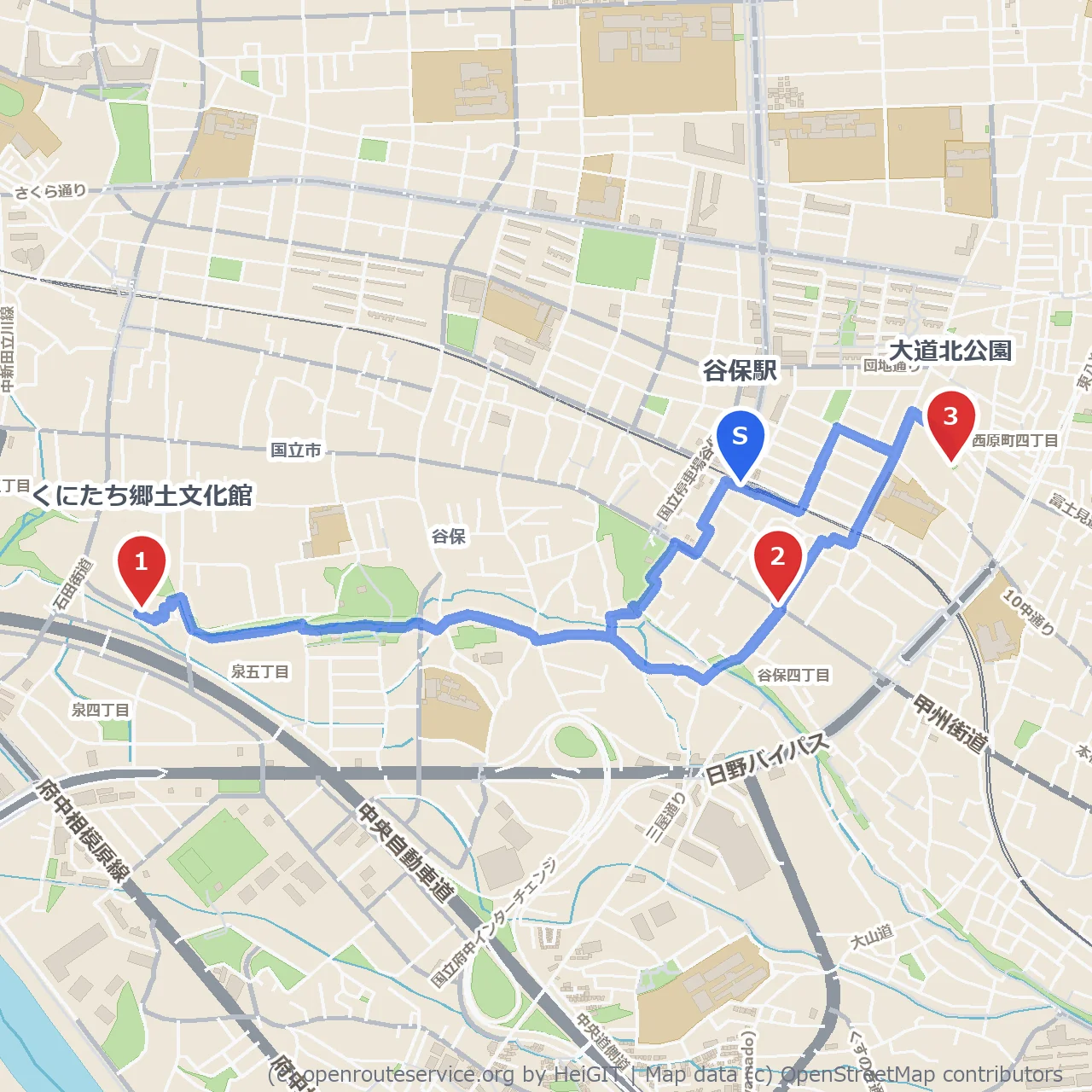 くにたち郷土文化館からやぼろじをめぐる自然散歩 のコースマップ