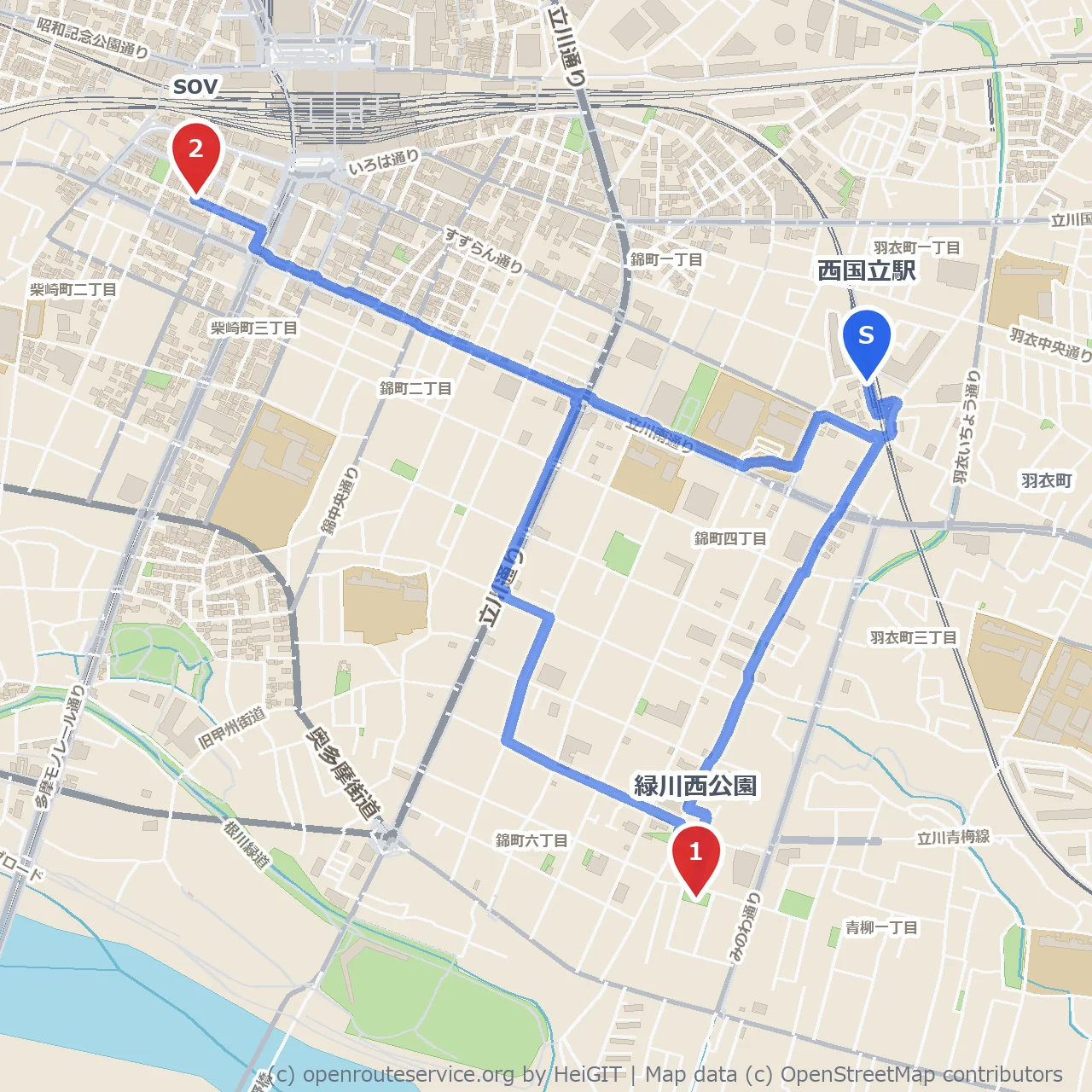 西国立の緑川西公園からsovへ自然散策路 のコースマップ