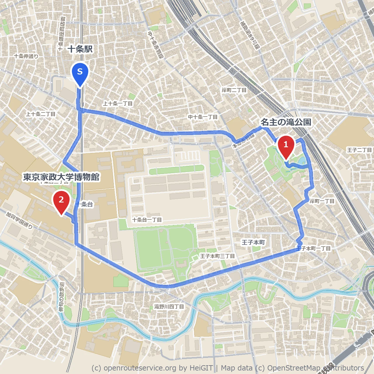 名主の滝公園から東京家政大学博物館までのんびり散策 のコースマップ