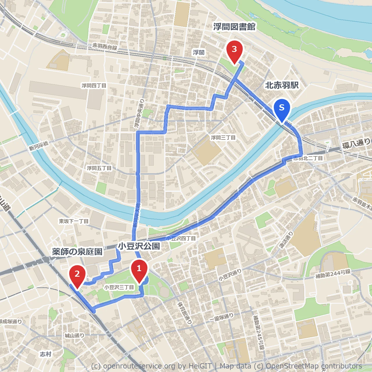 小豆沢公園と薬師の泉庭園、浮間図書館の緑道歩き のコースマップ